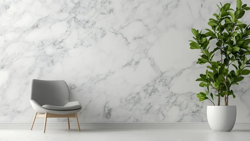Soft gray lounge chair and plant against calm marble wall.