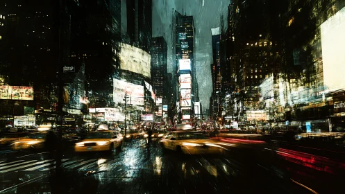 Rain‑soaked urban intersection with motion‑blurred taxis and neon