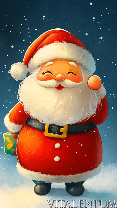 Smiling cartoon Santa Claus holding gift in snowfall.
