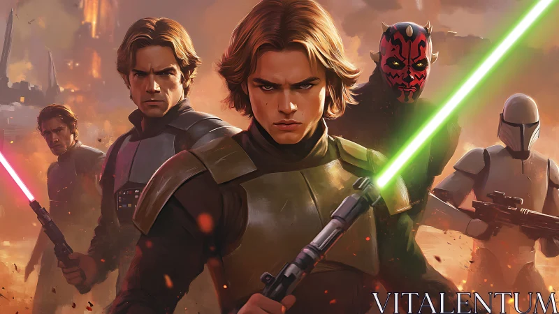 Young warrior team with lightsabers in battle stance.