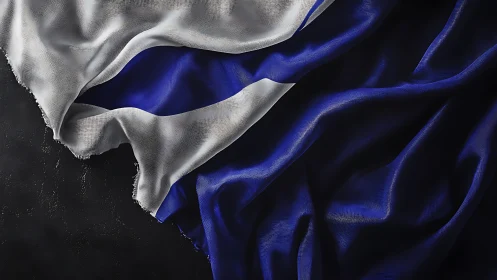 Silk tide of blue and white curling over dark stone.