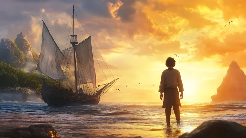 Backlit shorebound figure studying medieval sailing vessel at sunset