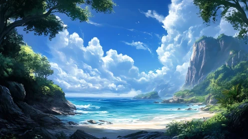 Coastal cove surrounded by vertical cliffs and tropical vegetation