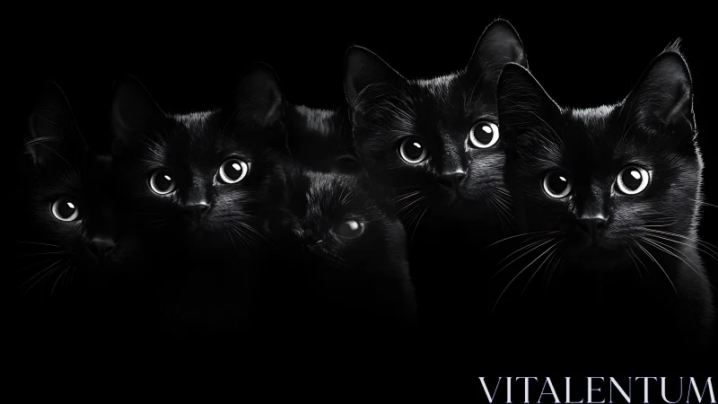Black Cats with Luminous Eyes Against Darkness.
