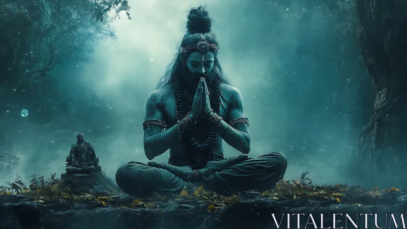Blue-skinned ascetic meditating in volumetric forest fog field