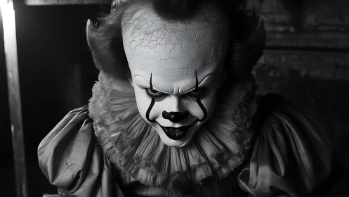 Monochrome horror portrait isolates sinister cracked clown visage
