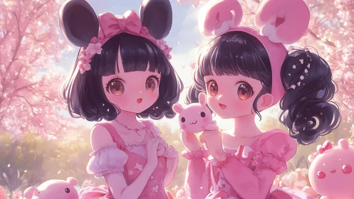 Two stylized girls stand under cherry blossoms in pink outfits