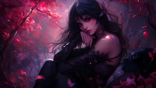 Dark-haired forest sorceress in red autumn glow.