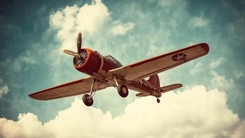 Vintage warplane soars under dramatic sunlit clouds.