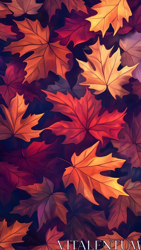 Autumn maple leaves form dense layered pattern on dark ground