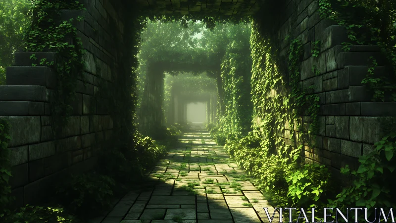 Overgrown stone corridor with receding archways in light.