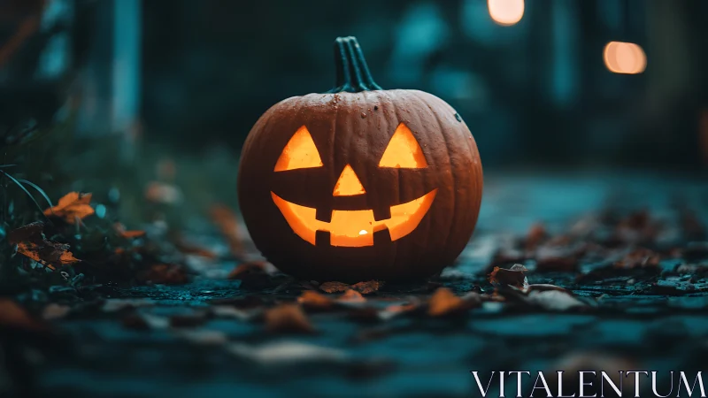 Glowing jack o lantern on moody autumn walkway at dusk.