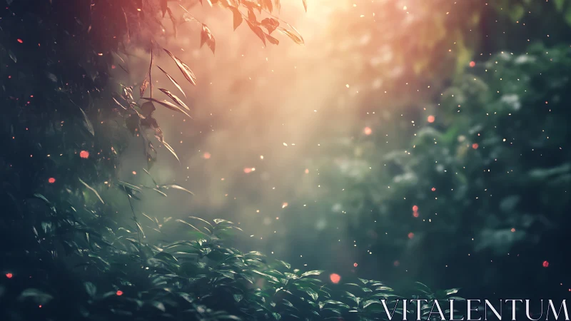 Forest vegetation with diffused light particles and atmospheric depth.