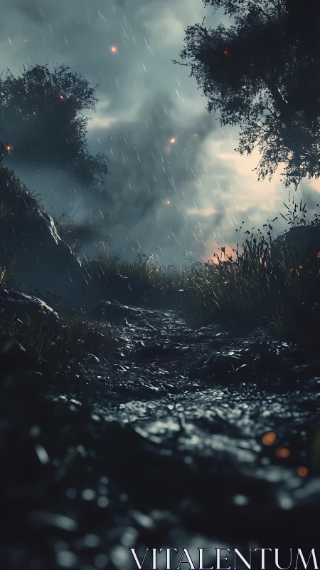 Stormlit forest trail with cinematic rain and embers.