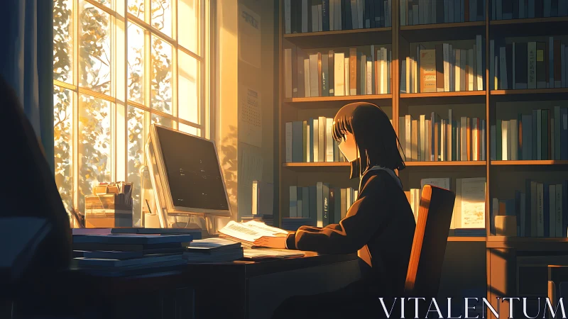 Sunlit library quietude with a lone evening scholar at work.