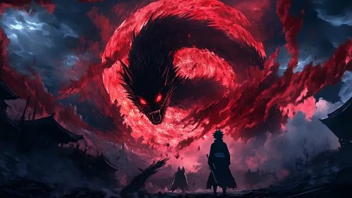 Scarlet demon vortex looms over lone warrior in ruins