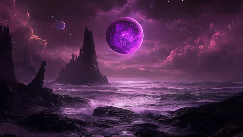 Violet alien ocean under glowing stormy planet sky.