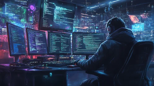 Cyberpunk coder monitors neon data streams across skyline.