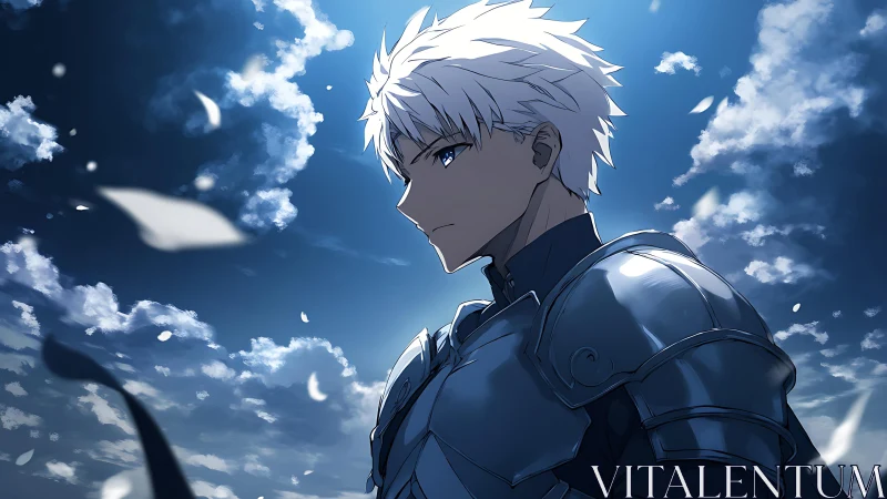 Silver haired knight stands under luminous drifting sky