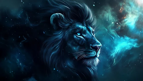 Celestial blue lion gazes through swirling cosmic nebula.