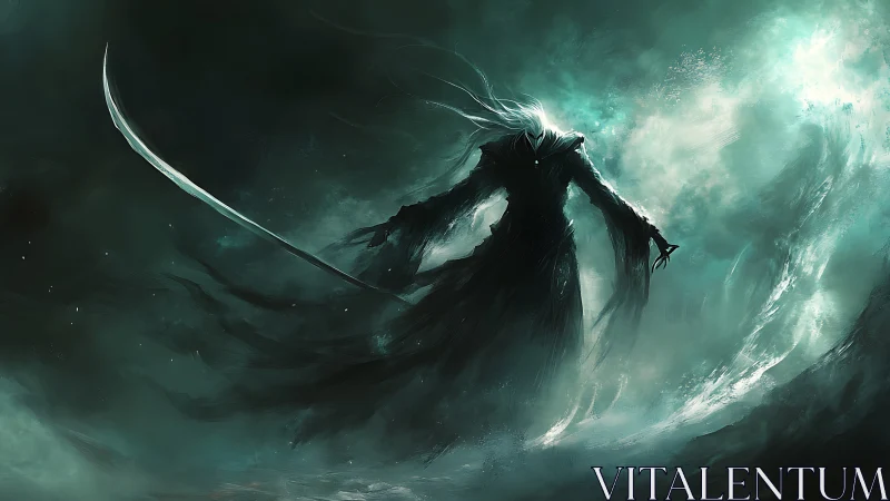 Stormlit reaper figure strides through swirling teal mist