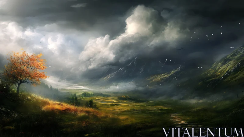 Stormlit valley and lone autumn tree welcoming the light.