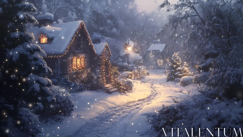 Snowy woodland cottage with warm festive lights at dusk.