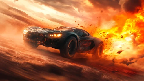 High-speed off-road car passes explosion in desert terrain