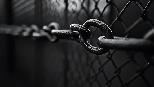 Grit-soaked chain links hugging a blurred wire fence twilight.