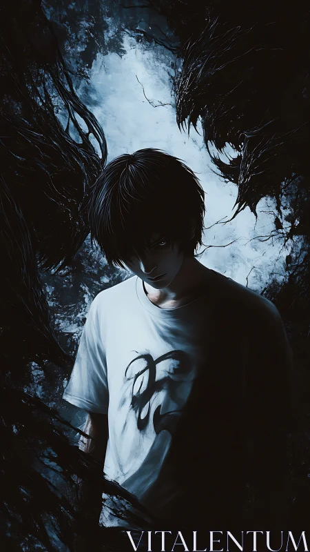 Male figure in white shirt amid dark abstract shapes.