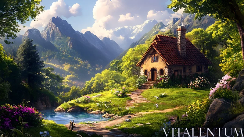 Digital painting of alpine cottage within lush river valley.
