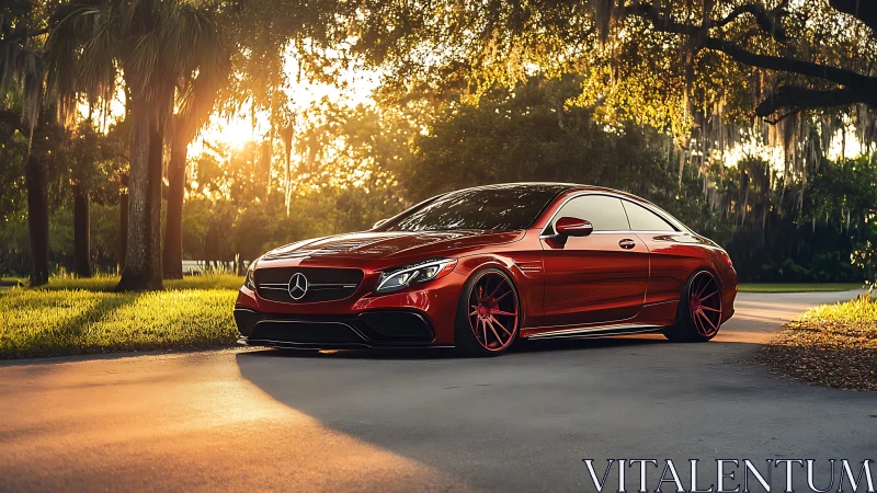 Sunlit red coupe resting on a peaceful tree lined road.