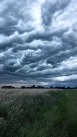 Storm-soft clouds rolling above a quiet country field.