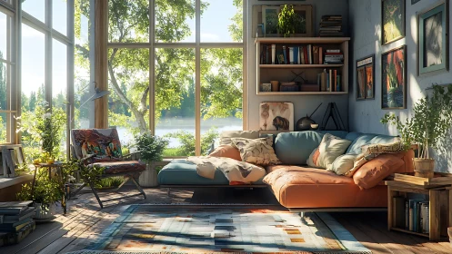 Sunlit reading nook with lush plants and lakeside view.