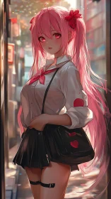 Pink-haired anime schoolgirl glows in warm city sunset light.