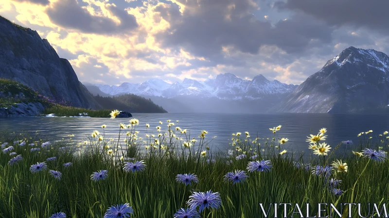 Wildflower shoreline meets tranquil alpine lake at sunrise.