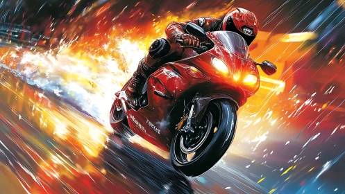 Red superbike racer slicing through neon storm streets.