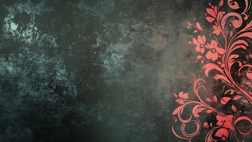 Red floral ornament climbs over dark grunge wall