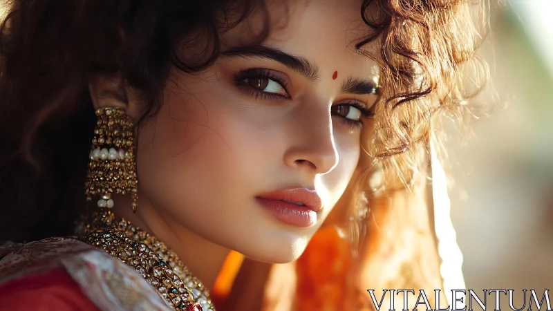 Portrait of woman in ornate jewelry and traditional dress.