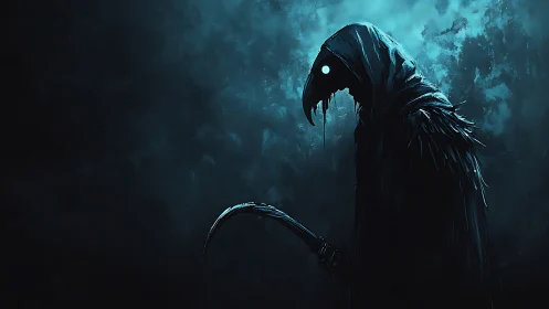 Mysterious cloaked reaper watching the misty blue night.