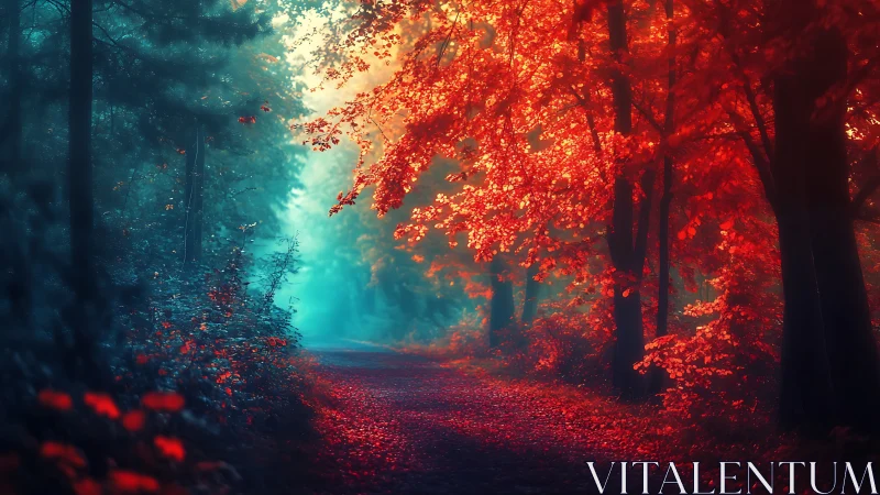 Autumn Forest Path with Red and Blue Lighting.