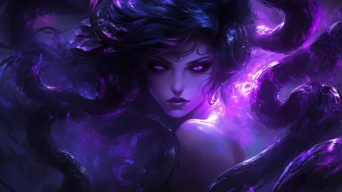 Digital painting portrait of cosmic sorceress in violet aura.