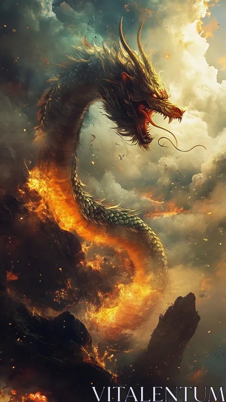 Serpentine fire dragon emerges through volcanic clouds and embers