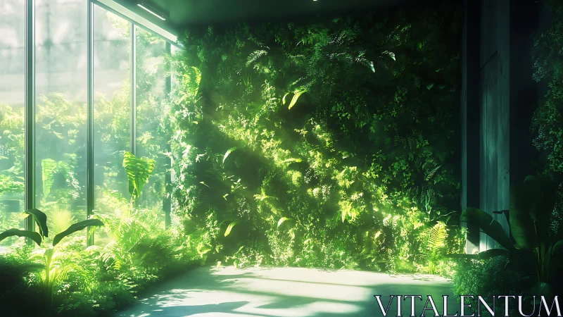 Glasshouse sunpool where city walls bloom in emerald hush.