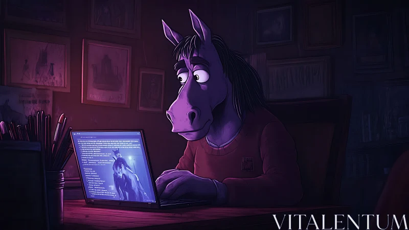 Purple humanoid horse character typing on glowing laptop