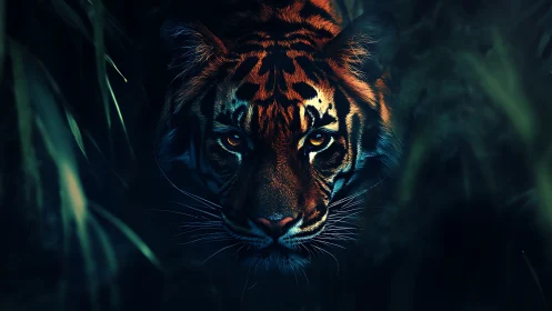 Nocturnal tiger gaze in high-contrast chromatic rendering.