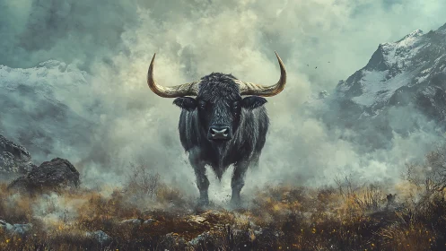 Storm-forged mountain yak strides through swirling mist