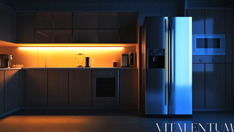 Modern kitchen interior contrasts warm strip light and cool fridge