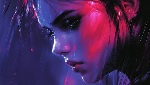 Brooding neon-lit portrait echoes cyberpunk loneliness