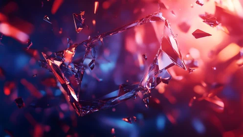 Shattered Glass Fragments Floating in Vibrant Abstract Light.